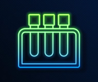 Parlayan neon hattı test tüpü ve mavi arka planda izole edilmiş kimyasal test ikonu. Laboratuvar cam levhası. Vektör
