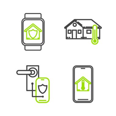 Ev sıcaklığında cep telefonu, kilitlenmek için dijital kapı kilidi kablosuz teknolojisi House ve Smart koruma ikonu altında. Vektör