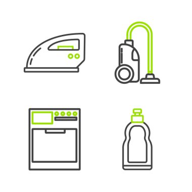 Plastik şişeleri sıvı bulaşık deterjanı, elektrikli süpürge ve elektrikli demir ikonu için ayarla. Vektör