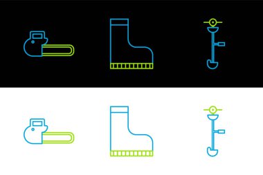 Çizgi çim biçme makinesi, elektrikli tel biçme makinesi elektrikli testere ve su geçirmez lastik bot ikonu. Vektör