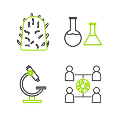 Virüs yayılımı, mikroskop, deney tüpü, matara ve kuduz virüsü ikonu. Vektör