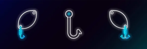 Set Line Fishing Spoon Hook Icon Glowing Neon Vector — Stock Vector