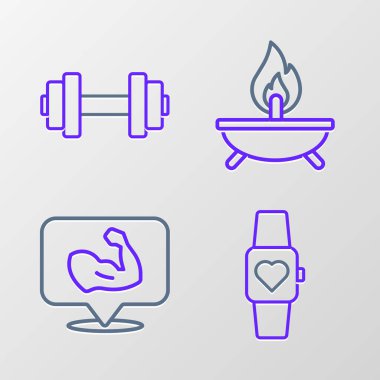 Akıllı saat, vücut geliştirme kası, Aroma mumu ve Dumbbell ikonu. Vektör