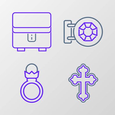 Hristiyan haçı, elmas nişan yüzüğü, kuyumcu ve kutu ikonu. Vektör