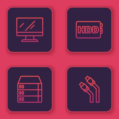 Satır bilgisayar monitörü, Sunucu, Veri, Web Sunucusu, Sabit disk sürücüsü HDD ve LAN kablo ağı internetini ayarla. Mavi kare düğme. Vektör