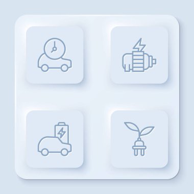 Elektrikli araba, motor ve fiş tasarrufu ayarlayın. Beyaz kare düğme. Vektör