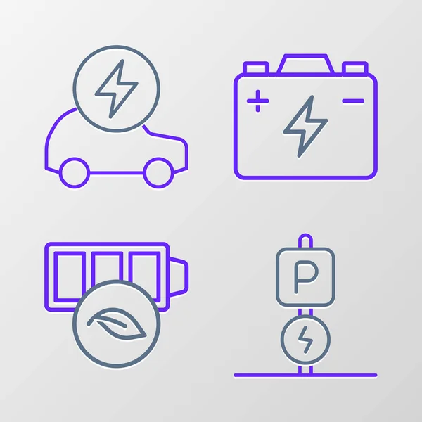 Définir Ligne Charge Parking Voiture Électrique Eco Batterie Feuille Nature — Image vectorielle