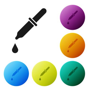 Siyah Pipette simgesi beyaz arkaplanda izole edildi. Tıbbi elementler, kimya laboratuarı ekipmanları. Damlalı boru. Tıp sembolü. Simgeleri renk daire düğmelerine ayarla. Vektör.