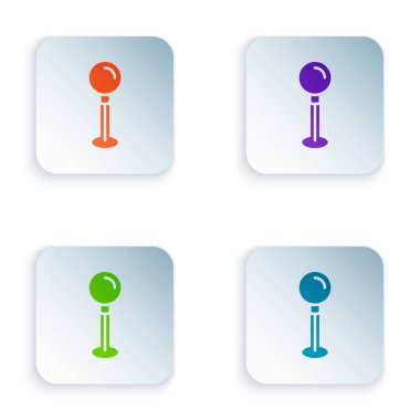 Beyaz arkaplanda renk itme simgesi izole edildi. Raptiye işareti. Kare düğmelere renkli simgeleri yerleştir. Vektör.