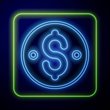 Mavi arkaplanda parlayan neon dolar sembolü izole edildi. Nakit ve para, servet, ödeme sembolü. Kumarhane kumarı. Vektör
