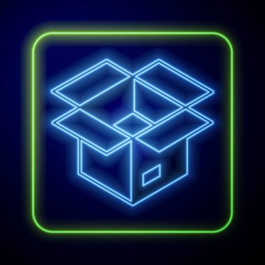 Parlayan neon boks simgesi mavi arkaplanda izole edildi. Vektör