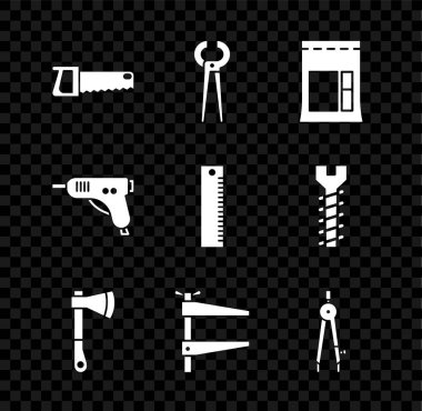 El testeresi, kıskaç, çimento torbası, tahta balta, kıskaç, pusula, elektrikli yapıştırıcı tabancası ve cetvel simgesi. Vektör