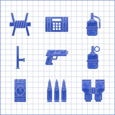 Tabancayı ya da silahı, mermiyi, dürbünü, el bombasını, dinamit zamanlayıcısını, polis lastik copunu ve dikenli tel ikonunu ayarla. Vektör