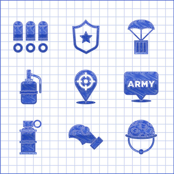 Комплект спортивной мишени, противогаз, каска ополченца, армия, дымовая граната, ящик для сброса снарядов и значок "Пуля". Вектор