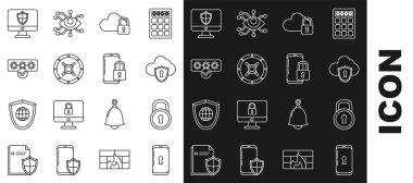 Hat Smartphone 'u kilit, kilit, bulut ve kalkan, bilgisayar, kasa, şifre korumalı güvenlik erişimi, bilgisayar monitörü ve kapalı kilit simgesi ile ayarla. Vektör