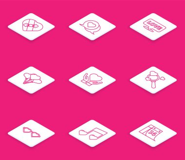 Candy 'yi kalp şeklinde bir kutuda, kalp şeklinde bir konuşma balonunda, metinli bir konuşmada, balon şeklinde, el, arama, gözlük ve müzik notasında, ton kalp simgesinde ayarla. Vektör