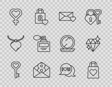 Anahtar 'ı kalp şeklinde ayarla, alışveriş torbası, Zarf 8 Mart, Kadın cinsiyet sembolü, Parfüm, Konuşma balonu Seni ve Elmas ikonunu seviyorum. Vektör