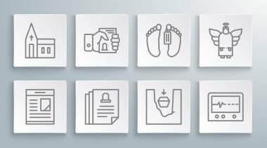 Sıraya dizilmiş ölüm ilanları, elinde ölüm belgesi, tabut mezarı, dövülmüş ceset, Noel meleği ve kilise binası ikonu. Vektör