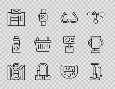 Sırt çantası, bisiklet pompası, spor bisiklet gözlüğü, kilit, tamir servisi, sepet, harita ve bisiklet ikonlu GPS cihazı. Vektör