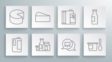 Çizgi sütü plastik şişeye, peyniri, ürünü, memeyi, kaşıklı yoğurdu, süt paketini, şişe ve ikonu. Vektör