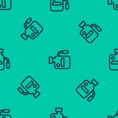 Mavi çizgi sinema kamera ikonu yeşil arkaplanda kusursuz desen izole etti. Video kamera. Film tabelası. Film projektörü. Vektör