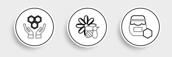 Ustaw Linię Słoik Miodu Plaster Miodu Ręce Ikona Kwiat Pszczoły — Wektor stockowy