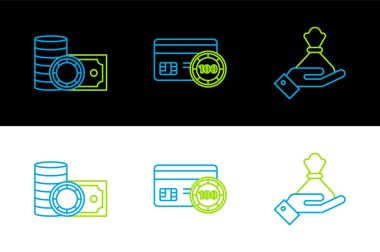 Hat El 'in para çantası, kumarhane fişleri para yığını ve kredi kartı ikonu. Vektör