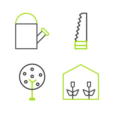 Ev yapımı sera ve bitkiler, ağaç, bahçe testeresi ve su kutusu ikonu. Vektör