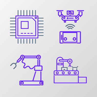 Fabrika hattı taşıma sistemi bandı, endüstriyel makine robot kol fabrikası, uzaktan kumandalı hava aracı ve mikro devreli işlemci ikonu. Vektör