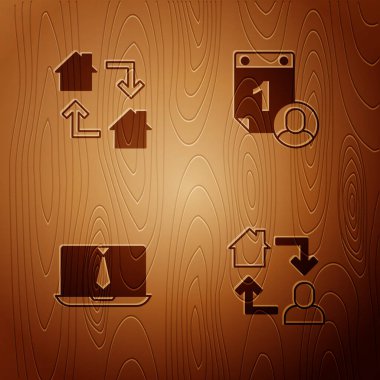 Çevrimiçi çalışma, görüntülü sohbet konferansı ve zaman yönetimini tahta arka planda ayarla. Vektör.