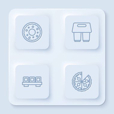 Donut, kahve fincanı, suşi kesme tahtası ve pizza. Beyaz kare düğme. Vektör.