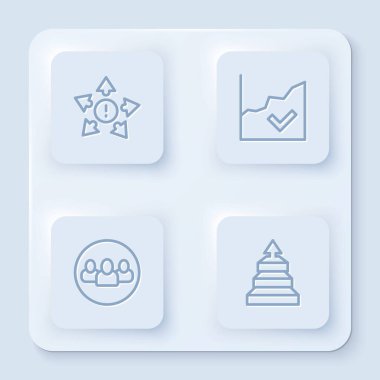 Çizgiyi çok yönlü ok, finansal büyüme artışı, Proje ekibi tabanı ve Piramit grafikleri olarak ayarla. Beyaz kare düğme. Vektör.