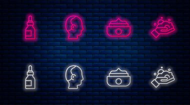 Saç şekillendirme yağı şişesi ve tıraş köpüğü için kellik jölesi ya da balmumu hazırlayın. Tuğla duvarda parlayan neon simgesi. Vektör.