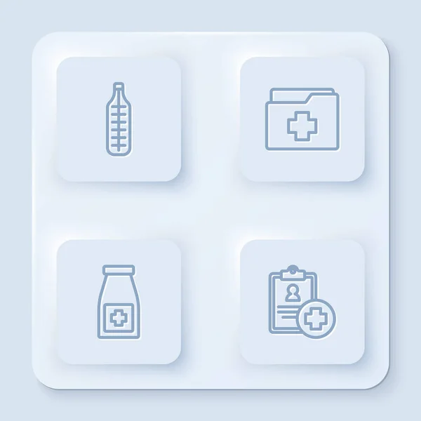 ラインを設定医療用温度計患者記録医療用ボトルと薬と錠剤 白い四角形のボタン ベクトル — ストックベクタ