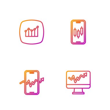 Mobil hisse senedi alım-satımı ve finansal büyüme grafiğiyle Monitor hattını ayarla. Renk simgeleri. Vektör.