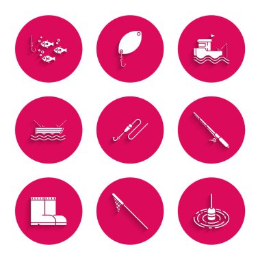 Balık oltasını olta ve su oltası botlarıyla ikon üzerinde ve altında balık tutmaya ayarlayın. Vektör.