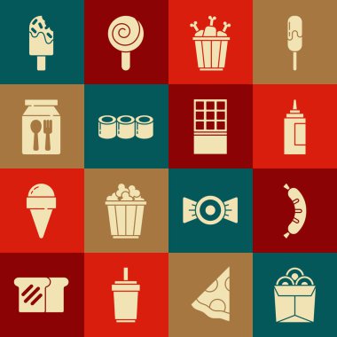 Noodles 'ı Hotdog Sosu Şişesi Tavuk budu paketine koy Suşi Online sipariş et ve Dondurma ve Çikolata ikonu götür. Vektör.