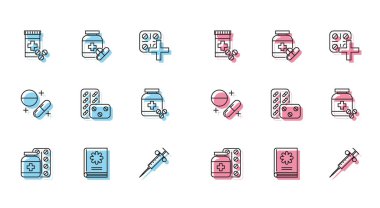 İlaç şişesi ve hapları hazırlayın. Tıbbi kitap, şırınga, su toplaması, tablet ve ikon. Vektör.