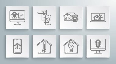 House Smart ve Ampul Bilgisayar akıllı ev alarmını ve Wi-Fi ikonunu kilitlemek için ev sıcaklığında dijital kapı kilidi kablosuz teknolojisi olan cep telefonu hattını ayarla. Vektör.