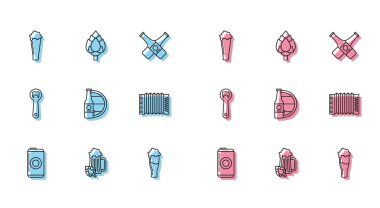 Bira kutusu bira bardağı ve ahşap fıçı müzik aleti akordeon şişe açacağı ve Hop ikonu. Vektör.