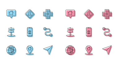 Dünya haritası işaretçisinde şehir haritası navigasyon rotası yol trafik işareti ve simge ile ilgili ev kâğıdı uçak bilgisiyle çizgi konumunu ayarlayın. Vektör.