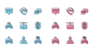 Taksi kablo trafik ışığı ve telefon hizmeti ikonu ile dünya haritası işaretçisine taksi hattı konumu ayarlayın. Vektör.