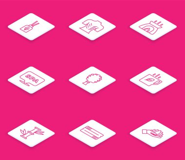 Aroma difüzör masajı spa salonu çay yaprağı Bambu ve havlu yığını ikonu sauna süpürgesi. Vektör.