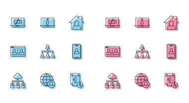 Çevrimiçi Çevrimiçi Çalışan Freelancer Video Kamerası 'nı laptop Zaman Yönetimi Hiyerarşi organizogram grafikleri sohbet konferansı ve simgesinde kapat. Vektör.