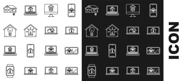 Ligne Réglage Ordinateur Portable Avec Maison Intelligente Avec Téléphone Mobile — Image vectorielle