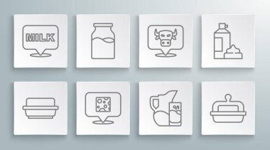 Sütlü peynirli sürahi ya da sürahi ve cam inek kafası krem şanti şişesi ve harf simgesiyle tereyağı kabını tereyağına çevirin. Vektör.