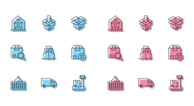 Hat konteynırını, karton kargo kutuları, karton kargo kutuları, karton arama paketi ve simgesiyle birlikte vinç teslimat kamyonu deposuna ayarla. Vektör.