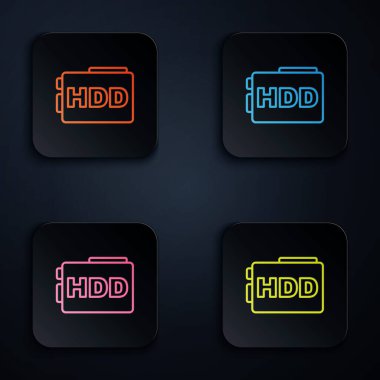 Renkli neon çizgisi sabit disk sürücüsü HDD simgesi siyah arkaplanda izole edildi. Kare düğmelere simgeleri yerleştir. Vektör.