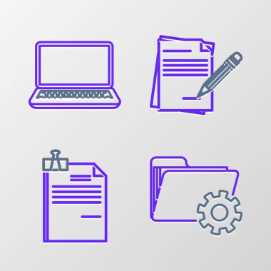 Dizin dizin ayarlarını dişli dosya belgesi ve klasör klipsi boş defter silgisi ve dizüstü bilgisayar simgesi ile ayarla. Vektör.