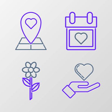 Kalp ve Harita imleci simgesi ile Çiçek Takvimi 'ni ayarlayın. Vektör.